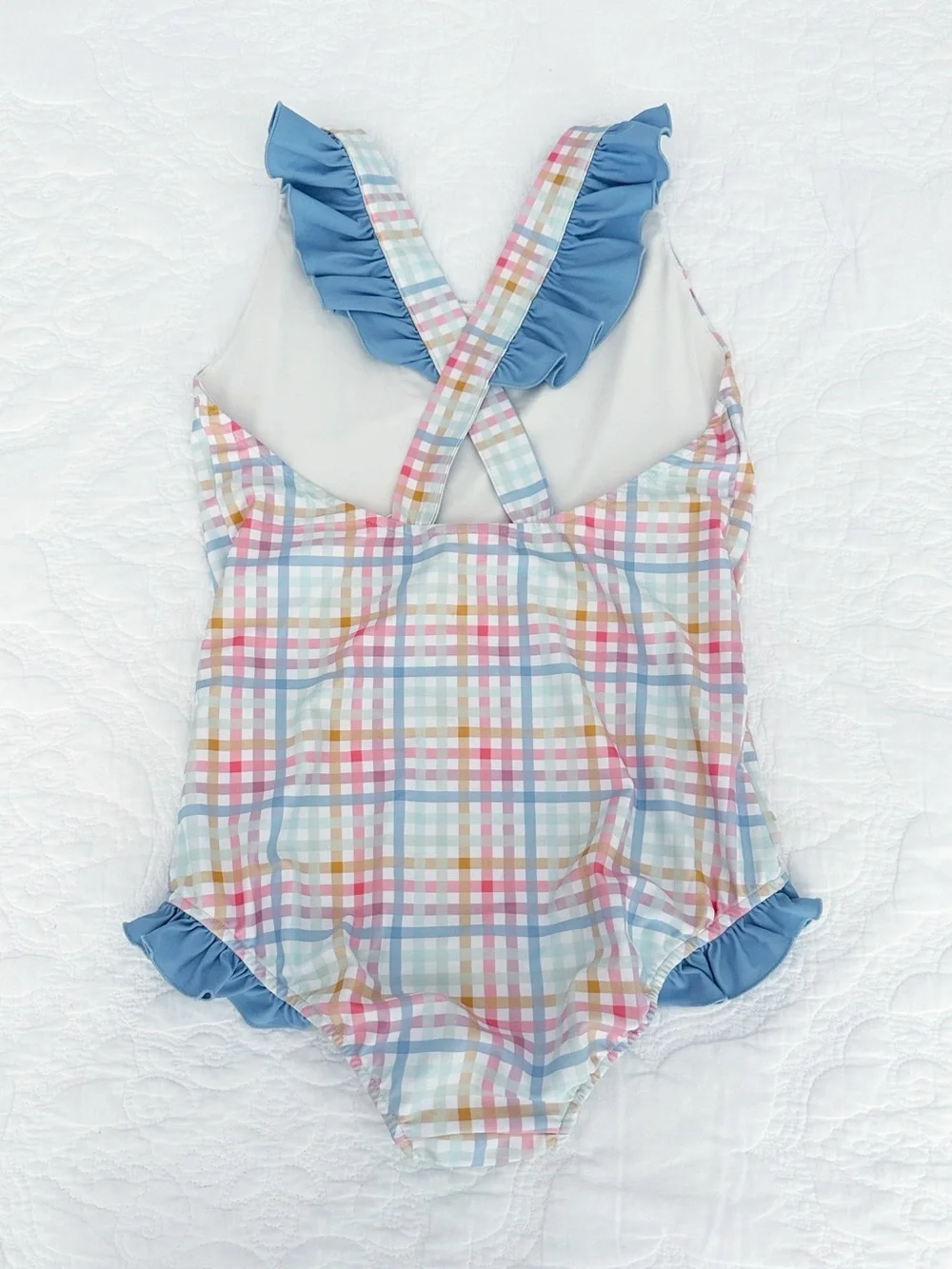 INDIE BLUE Girls Crossback One Piece Swimsuit Size 12/14 Preppy Pastel Plaid